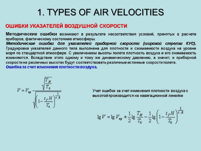 1. TYPES OF AIR VELOCITIES ОШИБКИ УКАЗАТЕЛЕЙ ВОЗДУШНОЙ СКОРОСТИ Методические ошибки возникают в результате